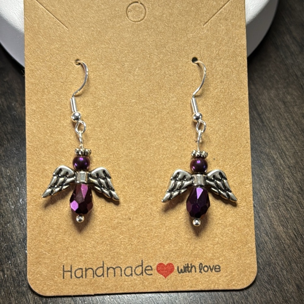 Angel earrings - purple and silver tone - handmade - Picture 3 of 7